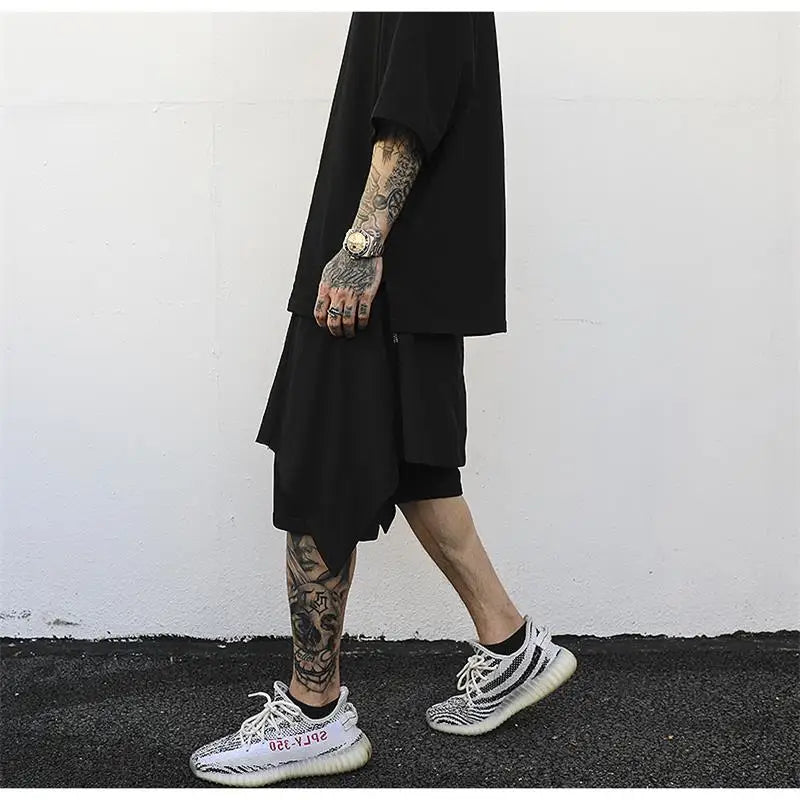 Threebooy Men's hip-hop style personality trend asymmetry spliced tight waist five minute pants high street style harem pants