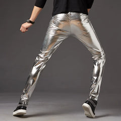 Threebooy  Mens Skinny Shiny Gold Silver Black Pu Leather Pants Motorcycle Men Nightclub Stage Pants for Singers Dancers Casual Trousers