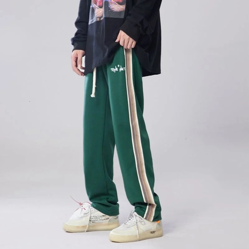 Threebooy Men's Striped Webbing Casual Pants Hip Hop Style Thicken Plush Trousers Fashion Green/black Color Jogger Sweatpants M-2XL