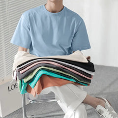 Threebooy Summer Men's High Quality Round Neck Tshirt Wide Shoulder Solid Color T Shirt Tops Clothes Streetwear T-shirt Size M-3XL