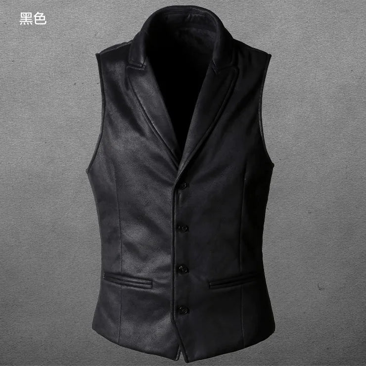 Threebooy Vest Men Casual Waistcoat Man Faux leather fashion leather Slim vest lapel classical Vintage gilet European style male