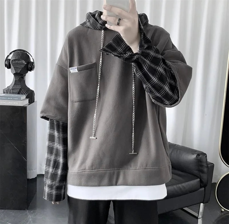 Threebooy Hooded sweater men's autumn Korean fashion versatile top loose fake two striped hip hop handsome coat