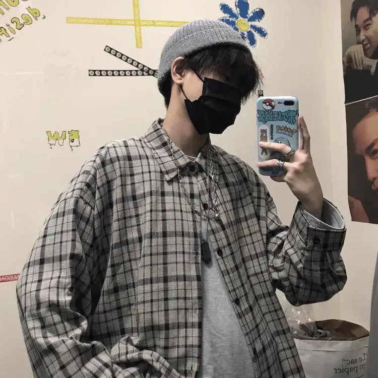 Threebooy HIP HOP Korean ins versatile Plaid loose oversize long sleeve shirt for men and camisa masculina gray shirts