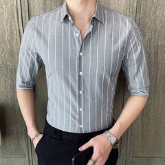 Threebooy  Summer Korea Style Handsome Fashion Mens Shirts Button Down Slim Fit Half Sleeve Striped Shirts 4XL 5XL