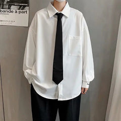 Threebooy hite shirt men's long sleeve Korean style trendy letter embroidery student handsome leisure with black shirt DK