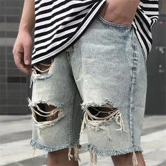 Threebooy Mens Summer Retro Denim Shorts Male Ripped Street Style Vintage Hip Hop Hipster Big Hole Biker Jeans