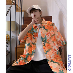 Threebooy shirt men's couple's Hawaiian Flower short sleeve coat fashion Korean summer quarter sleeve harajuku shirts for men