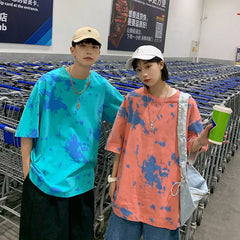 Threebooy  Men's Couple Print Dyed Short Sleeve T-shirt Street Hip Hop Fashion Top Casual Tshirt Harajuku Multicolor T Shirt M-3XL