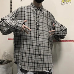 Threebooy HIP HOP Korean ins versatile Plaid loose oversize long sleeve shirt for men and camisa masculina gray shirts