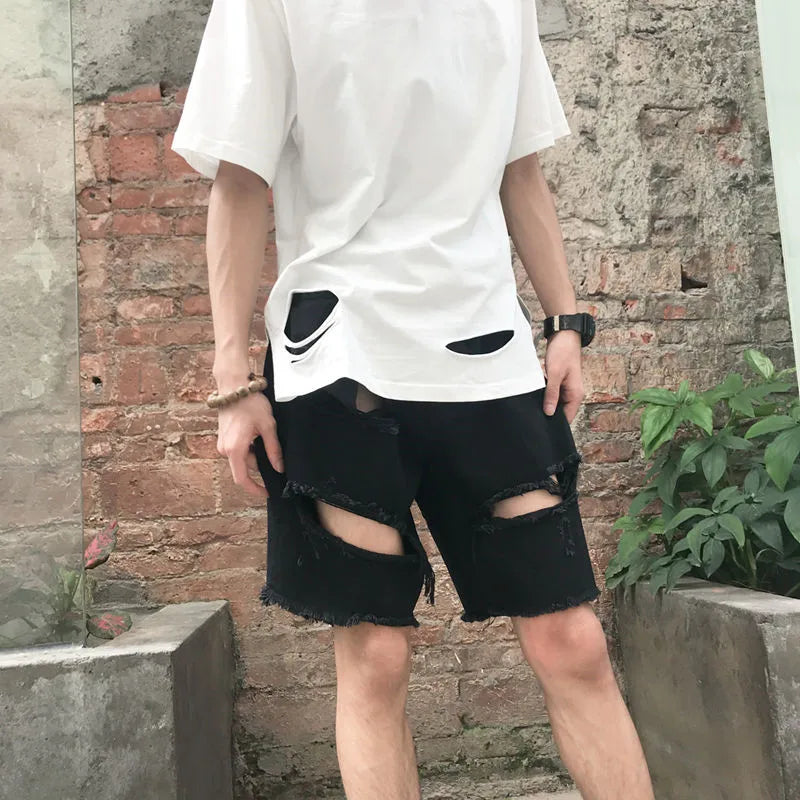 Threebooy Mens Summer Retro Denim Shorts Male Ripped Street Style Vintage Hip Hop Hipster Big Hole Biker Jeans