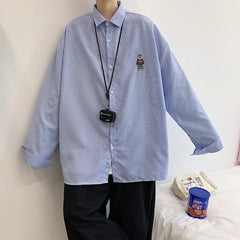 Threebooy Spring Fashion: Korean bear embroidered versatile striped long sleeve shirt couple shirts