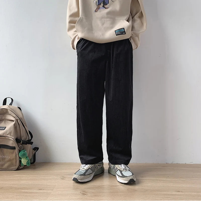Threebooy Casual Loose Straight Pants Slacks Elastic Waistband Pant Joggers Corduroy Trousers Men's Work Pants Wide Leg Trousers Man Baggy