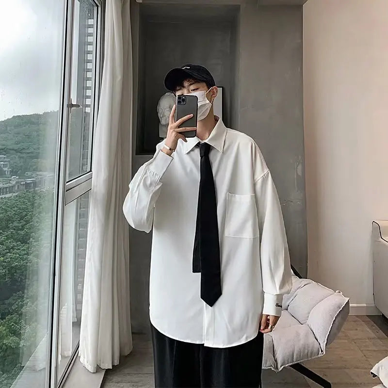 Threebooy hite shirt men's long sleeve Korean style trendy letter embroidery student handsome leisure with black shirt DK