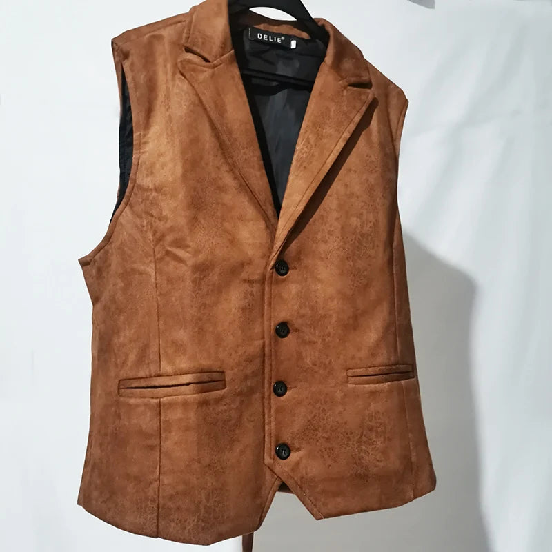 Threebooy Vest Men Casual Waistcoat Man Faux leather fashion leather Slim vest lapel classical Vintage gilet European style male