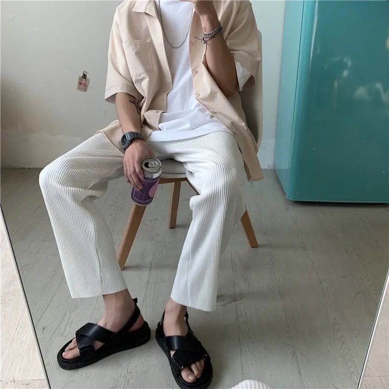 Threebooy  Pleated Pants Men Summer Straight Casual Pants Men Japanese Streetwear Loose Ice Silk Pants Mens Wide Leg Pants Man Trousers