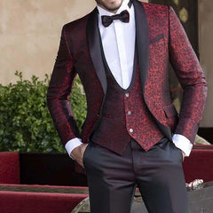 Threebooy  Luxury Floral Men Suits for Wedding Prom 3 Piece Groom Tuxedos Party Banquet Fashion Male Suit Jacket Vest with Black Pants