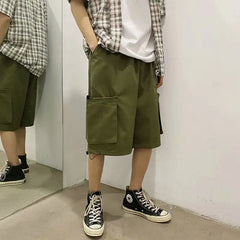 Threebooy Summer new fashion brand ins Yu wenle industrial shorts men's Korean fashion pocket loose wide leg casual Capris