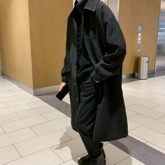 Threebooy Autumn Black Trench Coat Men's Fashion Casual Long Coat Men Streetwear Korean Loose Oversize Windbreaker Jacket Mens Overcoat