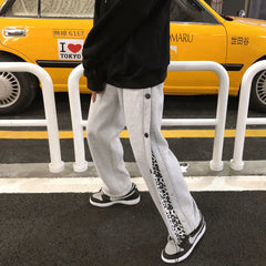 Threebooy Men's Fashion Trend Loose Wide Leg Pants Breasted Leopard Printing Casual Pants Joggers Sweatpants Streetwear Trousers