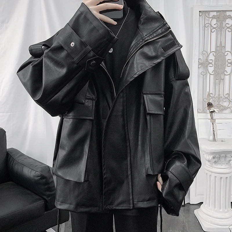 Threebooy Wide Type Loose Mens Baseball Pu Leather Coats Motorcycle Jackets Clothing Bomber Jacket Male Loose Faux Coat Windbreaker