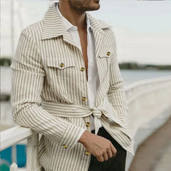 Threebooy  Spring Clothing Men's Light Luxury Long Sleeve Striped Pocket Shirt Casual Streetwear Button-down Shirt with Belt S-5XL 2025 New