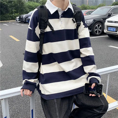 Threebooy Autumn Lapel Hoodie Men's Fashion Hit Color Casual Striped Hoodies Mens Streetwear Loose Hip-hop Pullover Sweatshirt Men Hoody