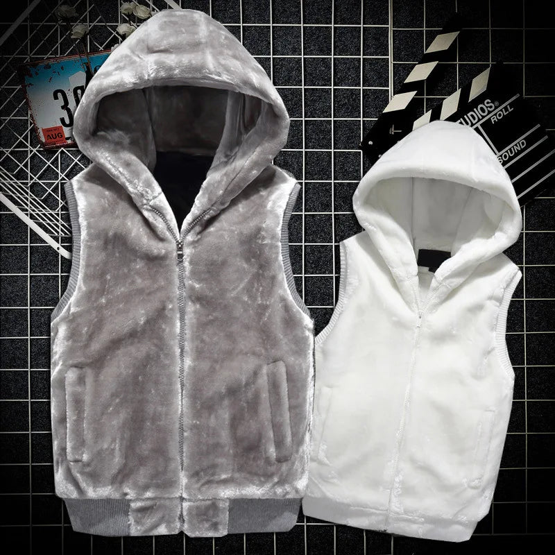 Threebooy New Men's Winter Coral Fleece Hoodie Thickened Jacket Vest Fashion Couple Sleeveless Vest Warm Casual Men's Hooded Jacket Men