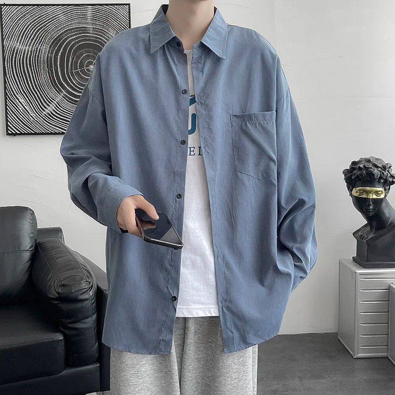 Threebooy Shirt men's long sleeve ins simple and versatile loose Shirt spring and autumn Korean fashion handsome casual