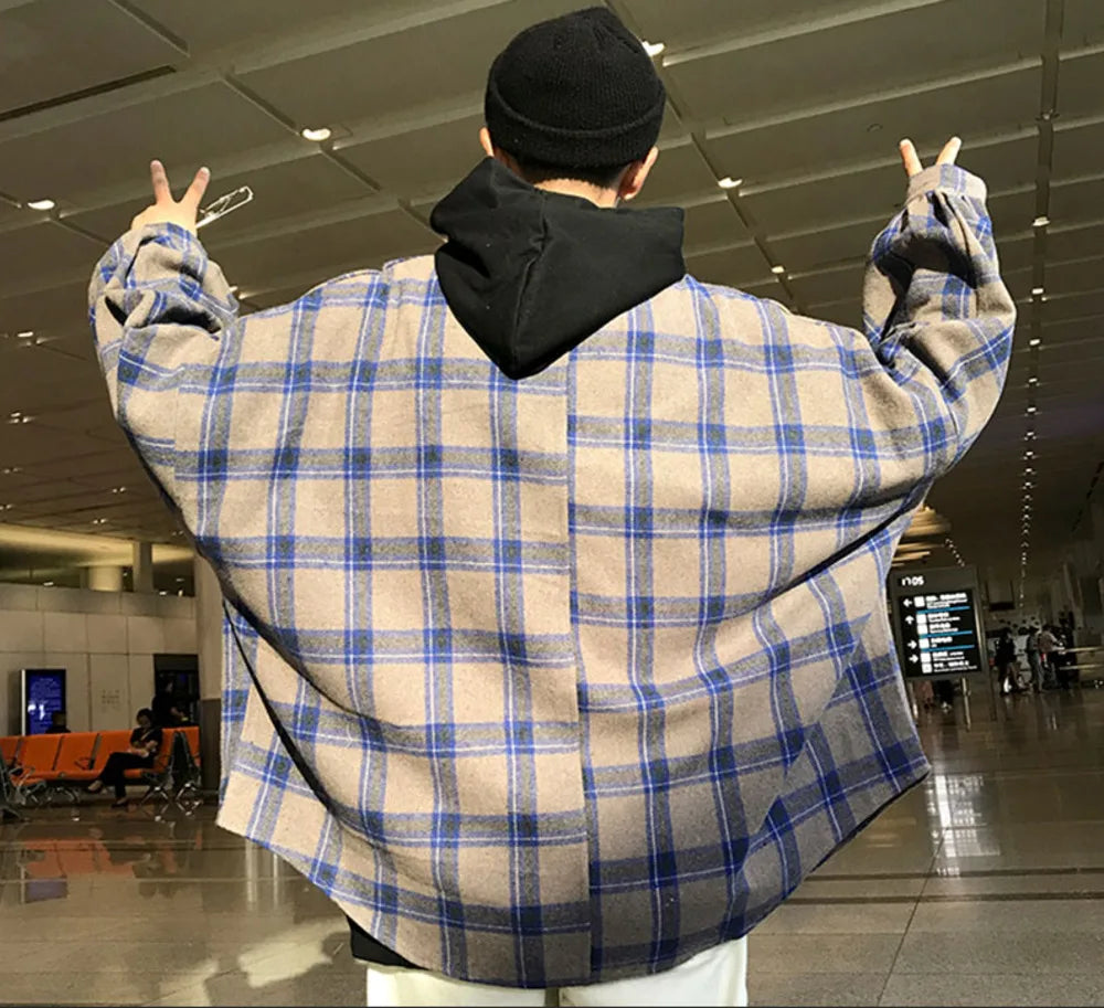 Threebooy harajuku block plaid block men's men streetwear men's thick, manly sleeve shirts of vintage Korean fashion clothes HIP HOP