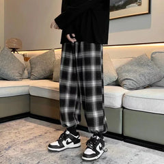 Threebooy Casual Pants Men Fashion Retro Plaid Pants Men Streetwear Loose Hip-hop Straight Pants Mens Vintage Trousers Large Size 5XL