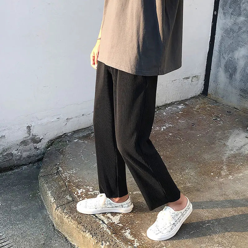 Threebooy  Pleated Pants Men Summer Straight Casual Pants Men Japanese Streetwear Loose Ice Silk Pants Mens Wide Leg Pants Man Trousers