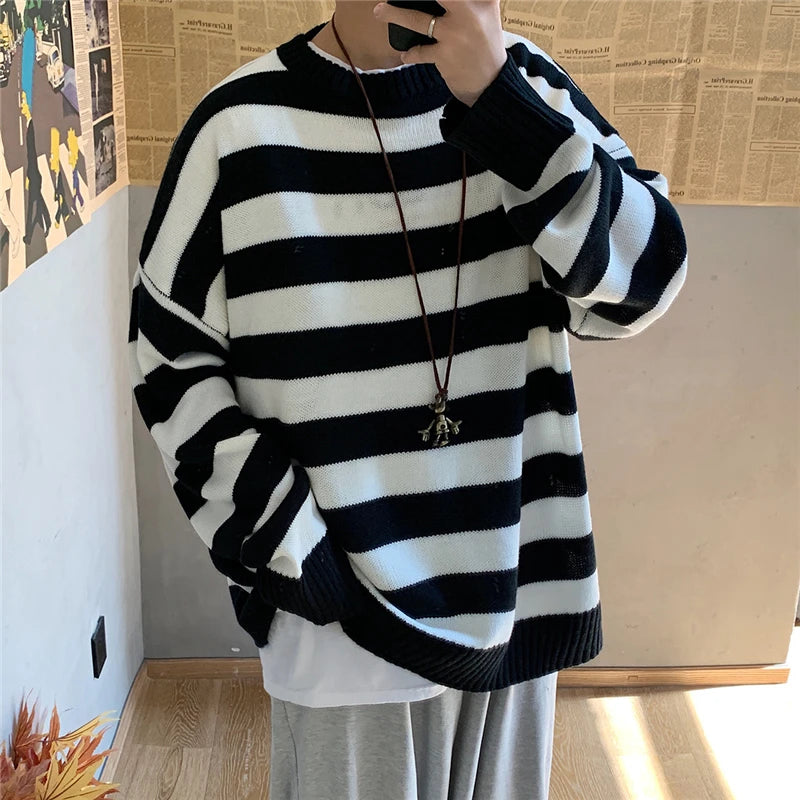 Threebooy Winter Knitted Sweater Men Striped Sweaters O-Neck Pullover Male Harajuku Oversized Sweaters Women Couple Hip Hop Jumper