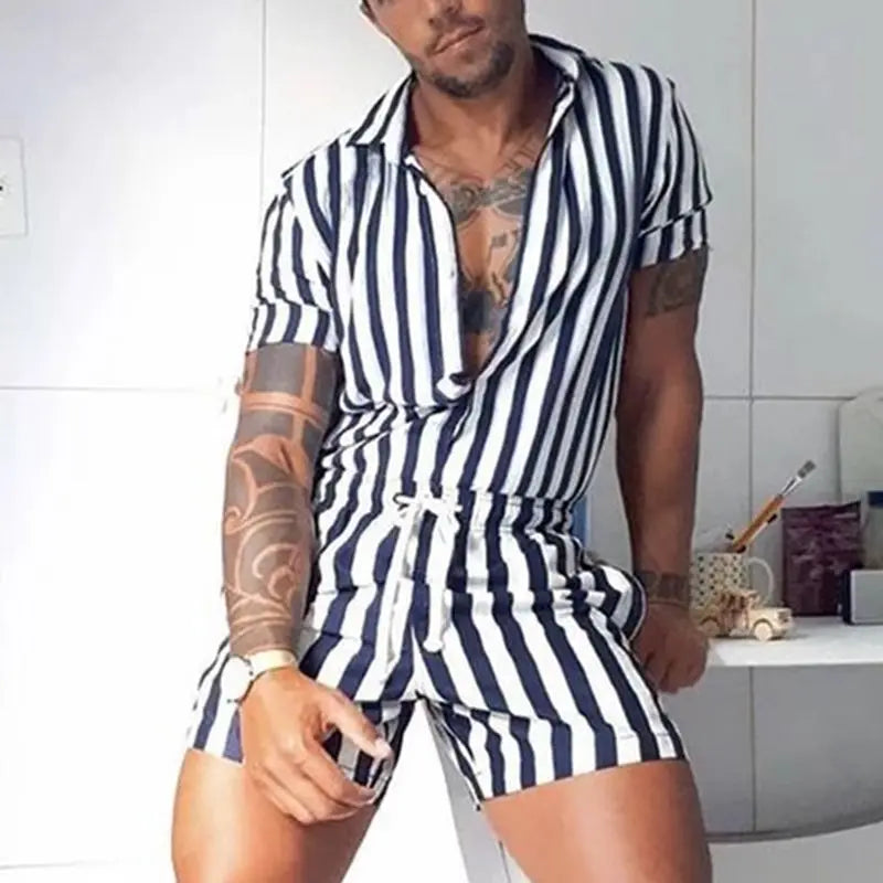 Threebooy  Men's Striped Romper Shorts Fashion Casual Playsuit Short Sleeve Button-down Shorts Lapel Jumpsuit Drawstring Streetwear S-3XL