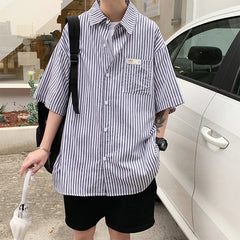 Threebooy Rocking k Summer Stripe Shirt Men's Korean fashion ins short sleeve shirt men's BF Harajuku handsome top loose casual coat