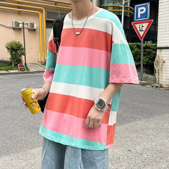 Threebooy Summer Men's Casual Fashion Trend T Shirt Wide Stripe Printing Tshirt Round Neck Short Sleeve Clothes T-shirt Size M-5XL