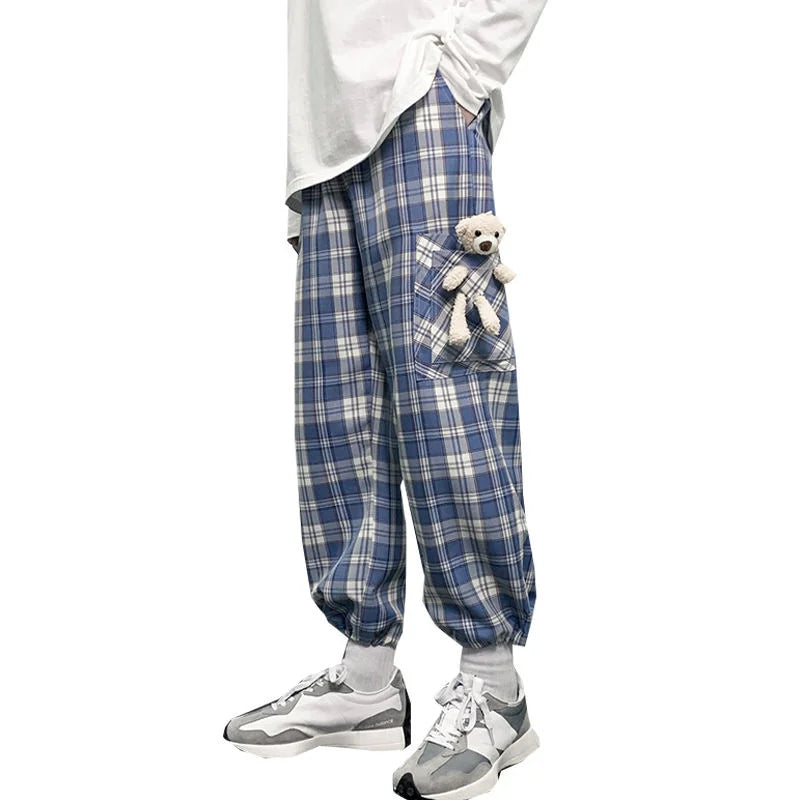 Threebooy Men's Leisure Bear Decorate Joggers Sweatpants Fashion Trend Hip Hop Casual Pants Homme Plaid Printing Trousers S-4XL