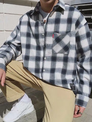 Threebooy Men Harajuku Color Block Plaid Shirt Mens Streetwear Thick Shirts Long Sleeve Male Vintage Korean Fashions Clothes