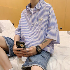 Threebooy Rocking k Summer Stripe Shirt Men's Korean fashion ins short sleeve shirt men's BF Harajuku handsome top loose casual coat