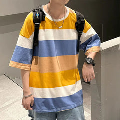 Threebooy Summer Men's Casual Fashion Trend T Shirt Wide Stripe Printing Tshirt Round Neck Short Sleeve Clothes T-shirt Size M-5XL