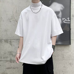 Threebooy 2024 Streetwear Turtleneck Men Tshirt Solid Hip Hop Male Oversized T shirts Man Casual Short Sleeve Top Tees Black/White/Purple