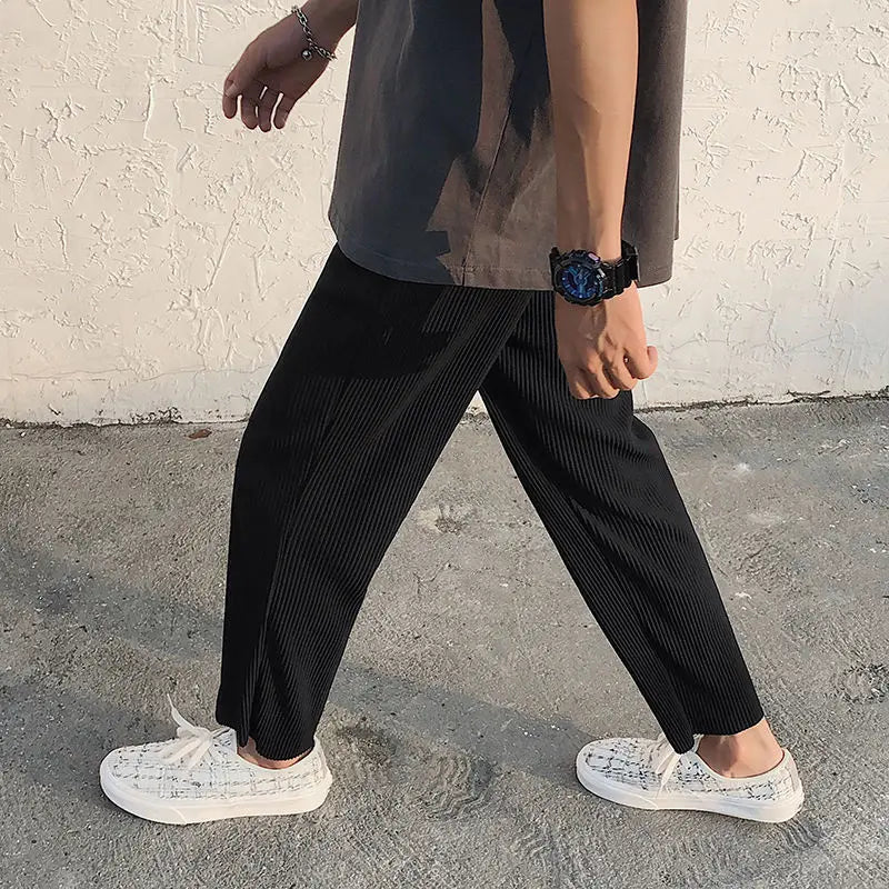 Threebooy  Pleated Pants Men Summer Straight Casual Pants Men Japanese Streetwear Loose Ice Silk Pants Mens Wide Leg Pants Man Trousers