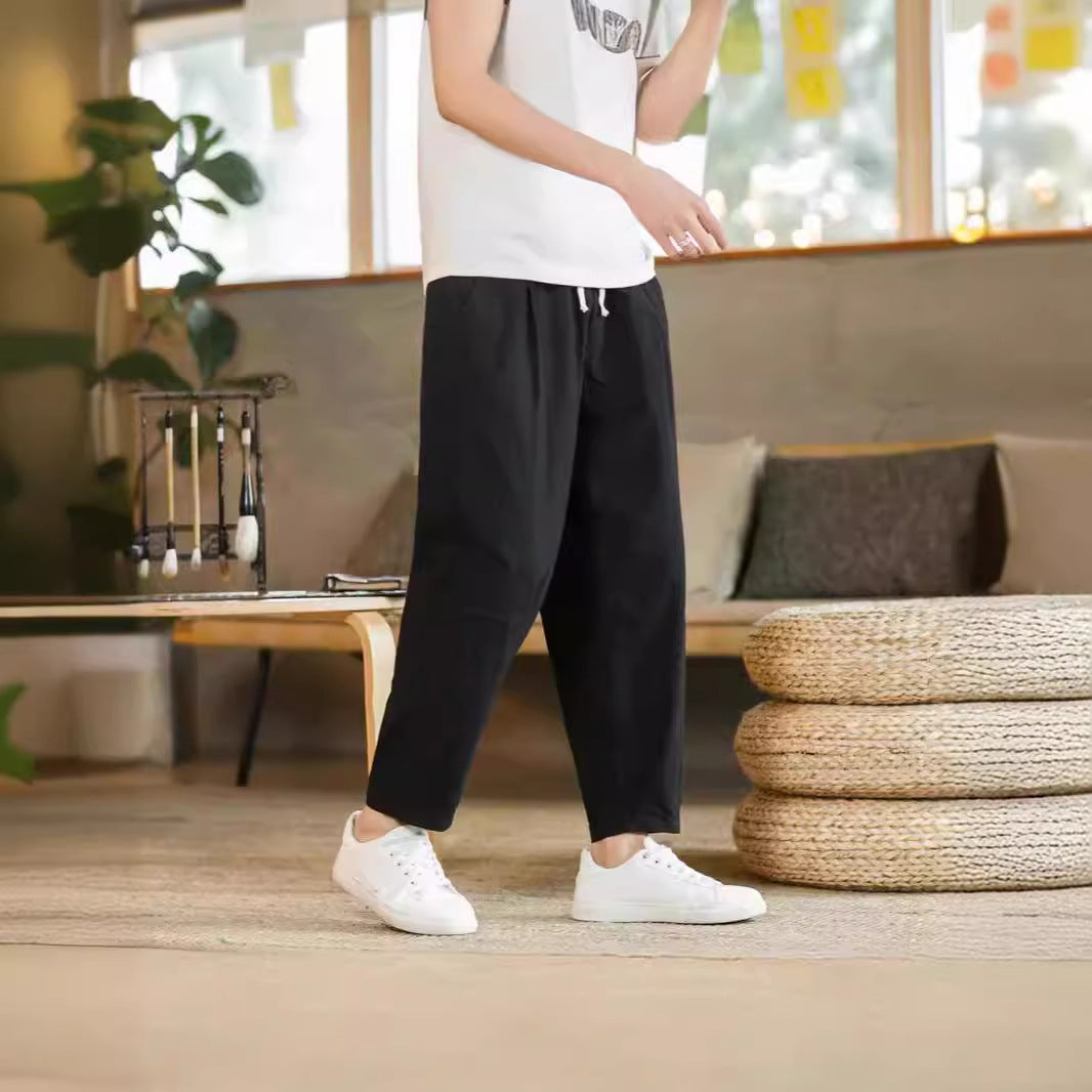 mens fall fashion Summer Casual Pants Men's All-Match Cotton and Linen Loose Linen Pants Korean Style Trendy Cropped Pants Straight Casual Pants