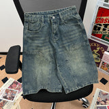 90s streetwear American-Style Retro Washed High Street Stitching Denim Shorts Men's and Women's Summer Wide-Leg Distressed Casual All-Match Cropped Pants