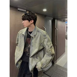 Threebooy 90s streetwear High Street Retro Washed Distressed Denim Coat Men's Spring and Autumn New Style Fried Street Loose Casual Workwear Jacket Fashion