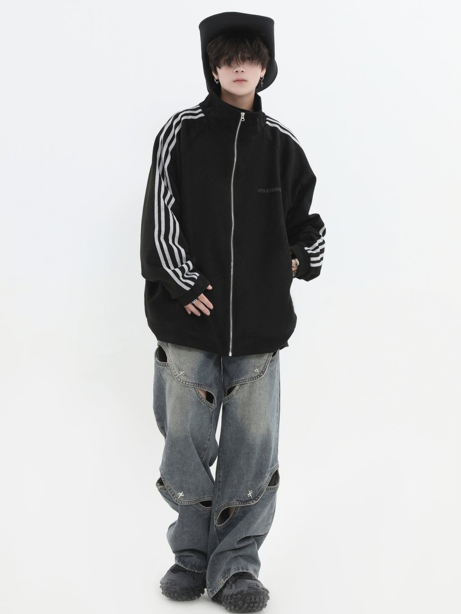 Threebooy [INSstudios] Striped Casual Zipper Jacket na1461