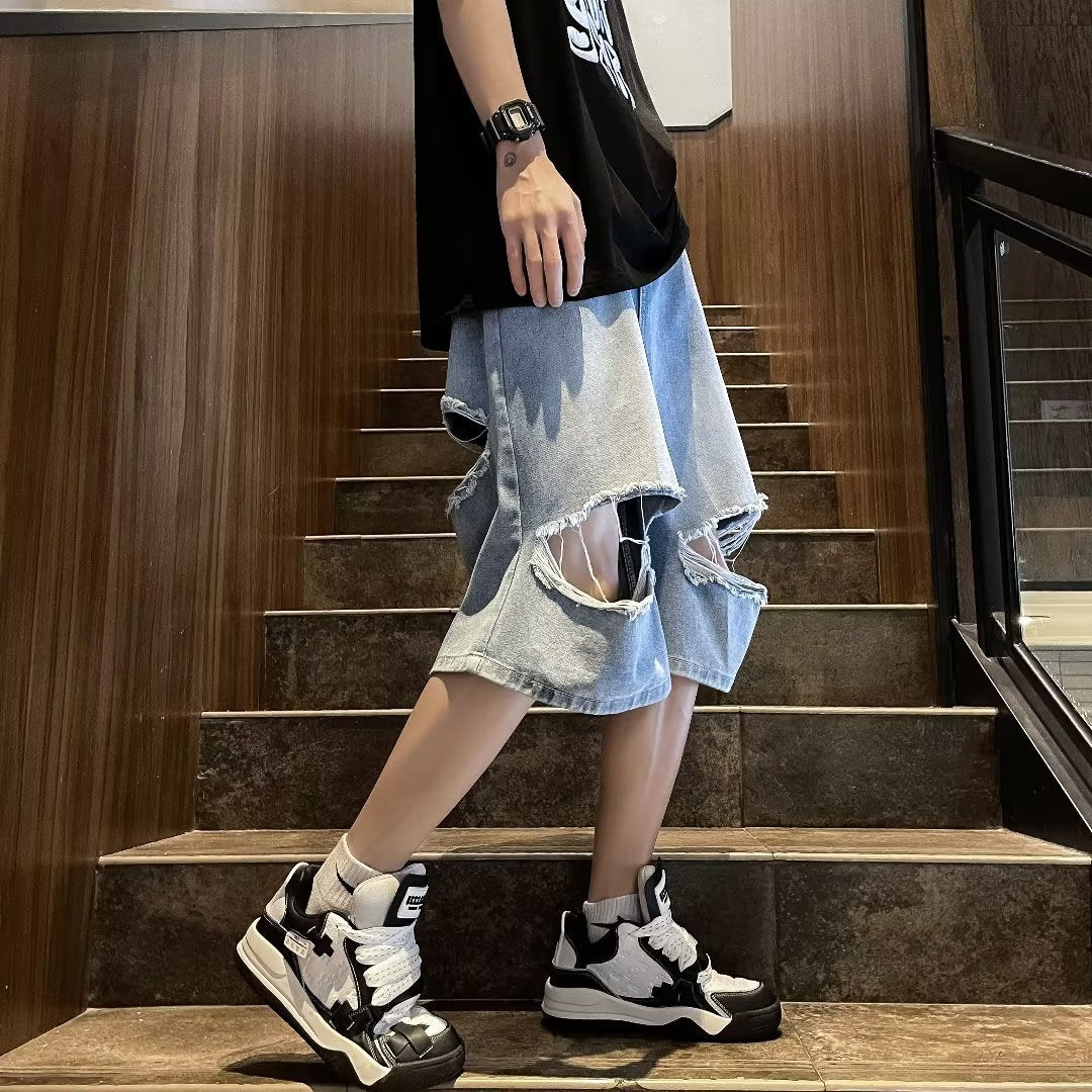 skater boy outfits Summer Fashion Brand Thin Knee Ripped Jeans Men's American-Style Loose Straight Wide-Leg Pants Trendy Shorts