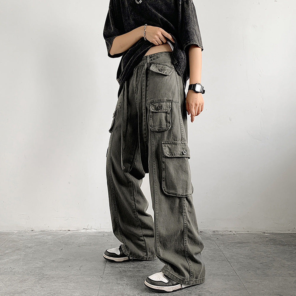 fall outfit men American Hip Hop Straight Overalls Summer Boys High Street Multi-Pocket Wide Leg Mopping Pants Fashion Ins