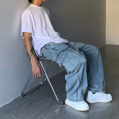 90s fashion men INS Japanese Style Street Retro Draping Loose Wide Leg Casual Large Pocket Workwear Denim Washed Dad Pants Men and Women