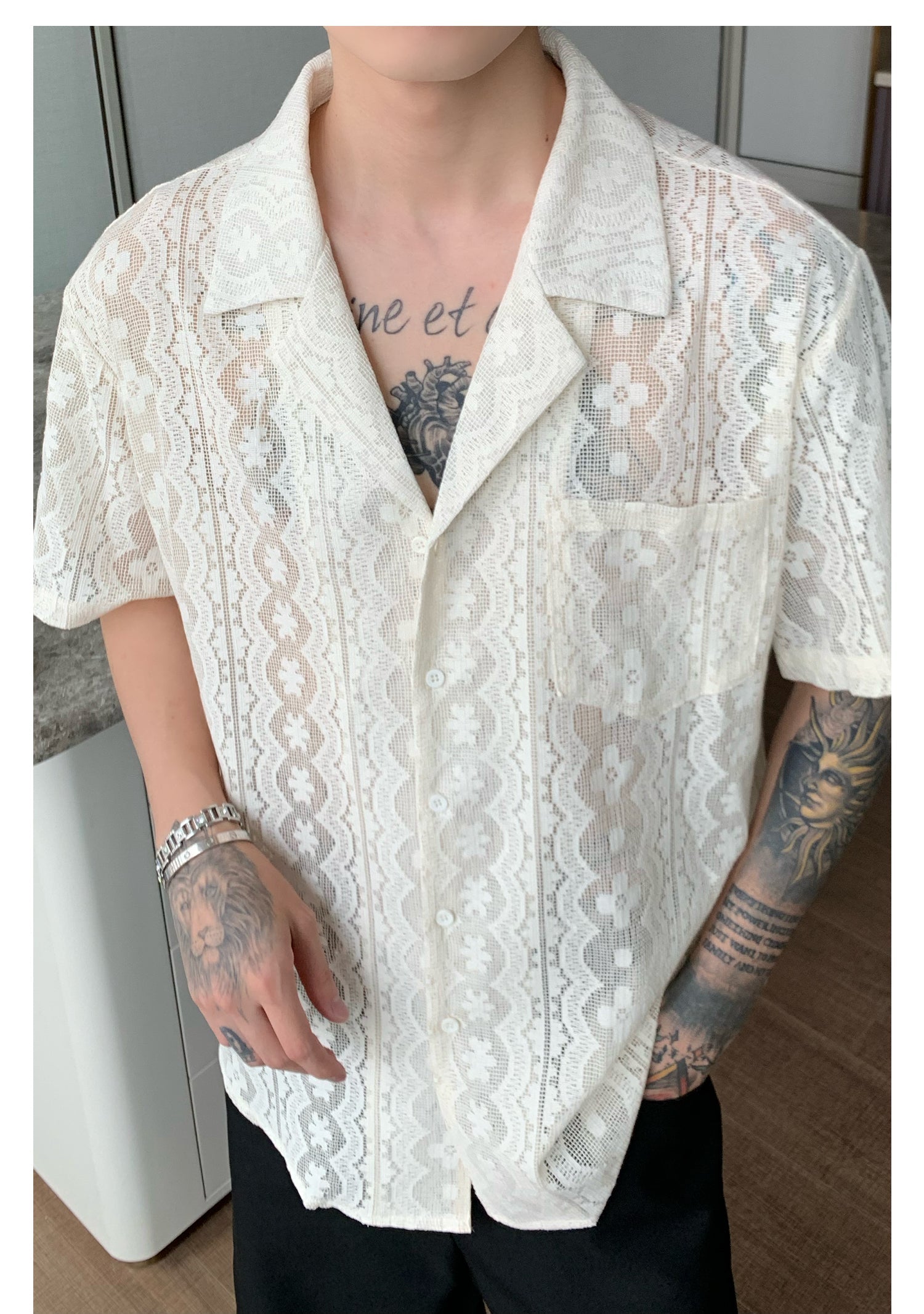 Threebooy [CUIBUJU] jacquard hollow design short-sleeved shirt NA721