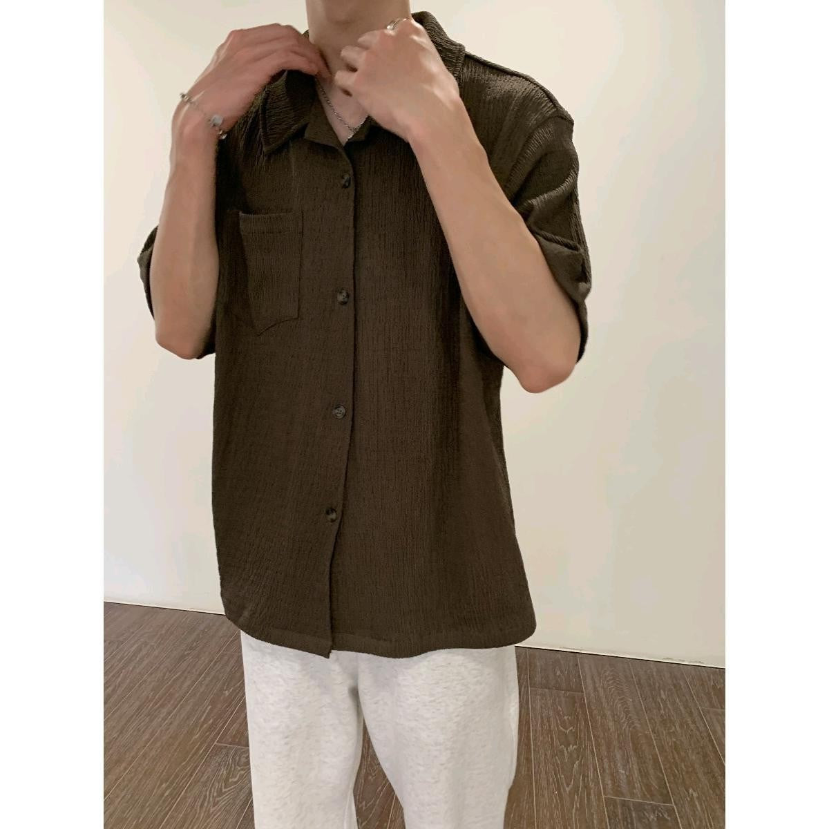 frat boy outfit Korean Style Pleated Texture Short Sleeve Shirt 2024 New Men's High Sense Ins Youth Pointed Collar Popular Korean Style Shirt